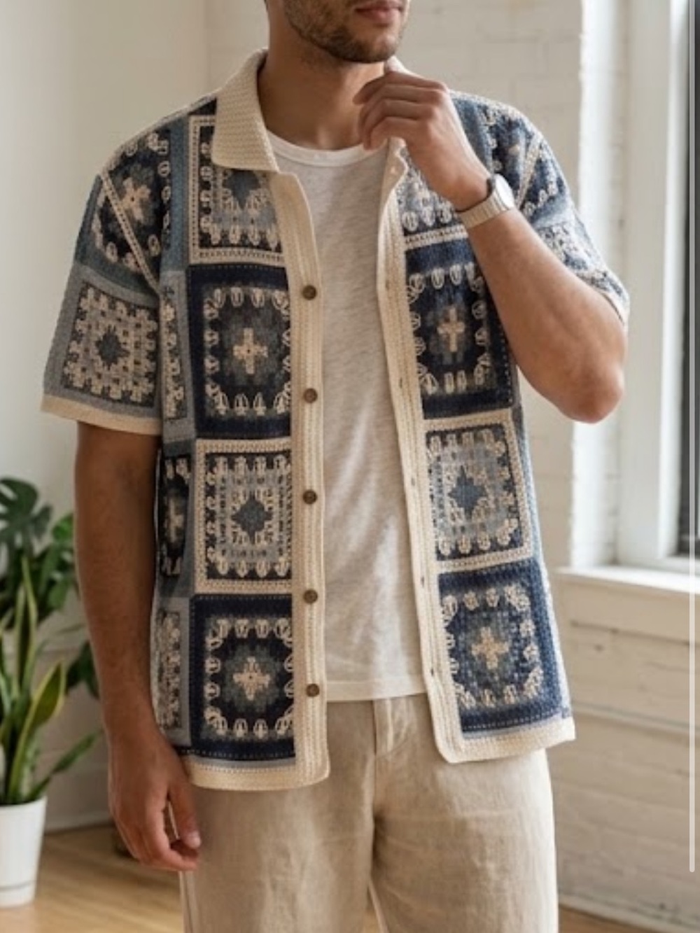 Morsecode Men’s Granny Square Crochet Cardigan S | Blue White Patchwork